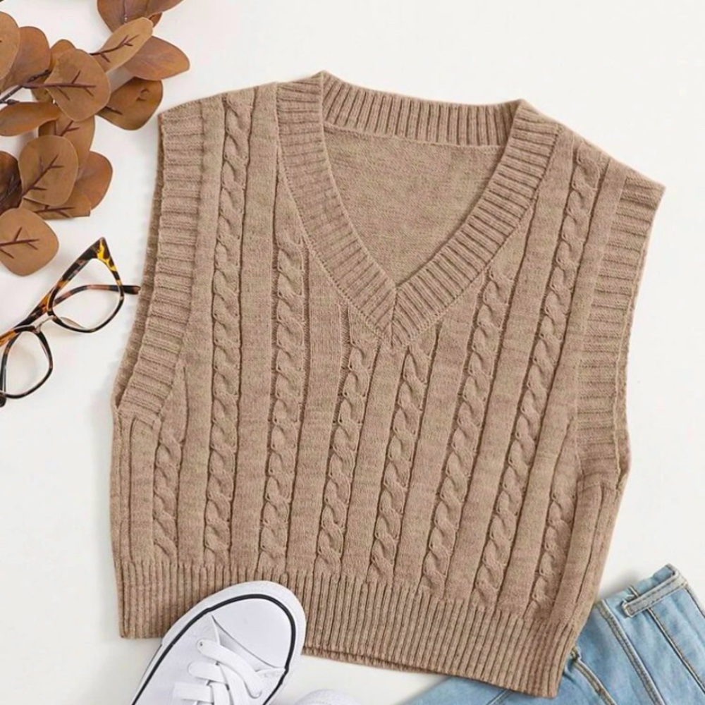V neck acrylic cable knit sweater vest in burnt caramel color